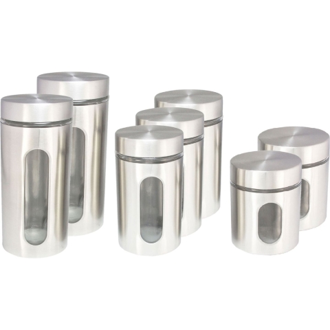 Set van 7x keuken voedsel opslag voorraadpotten glas/rvs in 3 formaten -