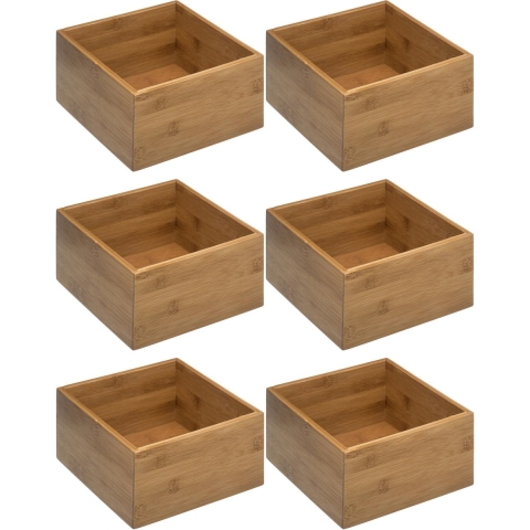 Set van 6x stuks opberg/sorteer/kast/lade verdelers vakjes bamboe hout 18 x 18 x 9.5 cm -