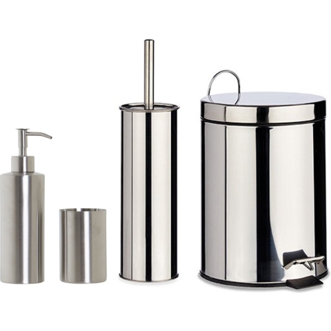 Toiletborstel houder zilver 38 cm met zeeppompje 300 ml en pedaalemmer metaal -