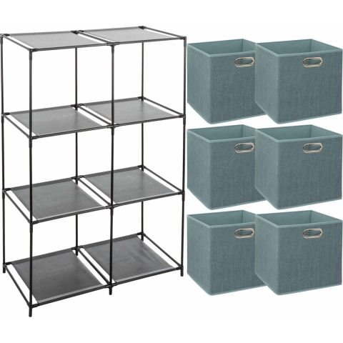 Kastmandjes/opberg mandjes - ijsblauw - 6x stuks van 29 Liter - In rekje van 68 x 98 cm -