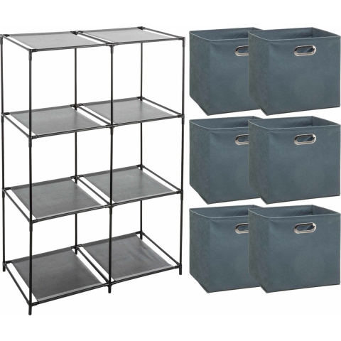 Kastmandjes/opberg mandjes - grijsblauw - 6x stuks van 29 Liter - In rekje van 68 x 98 cm -