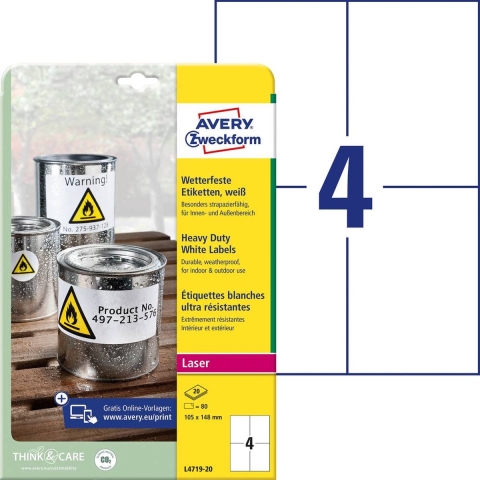 Avery-Zweckform L4719-20 Folie-etiketten 105 x 148 mm Polyester folie Wit 80 stuk(s) Permanent hechtend Laser (kleur), Laser (zwart/wit), Kopiëren (kleur),