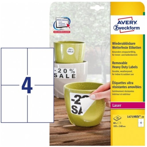 Avery-Zweckform L4719REV-20 Folie-etiketten 105 x 148 mm Polyester folie Wit 80 stuk(s) Weer verwijderbaar Laser (kleur), Laser (zwart/wit), Kopiëren (kleur),