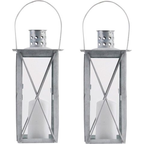 Set van 2x stuks zilveren tuin lantaarn/windlicht van zink 12 x 12 x 25,5 cm -