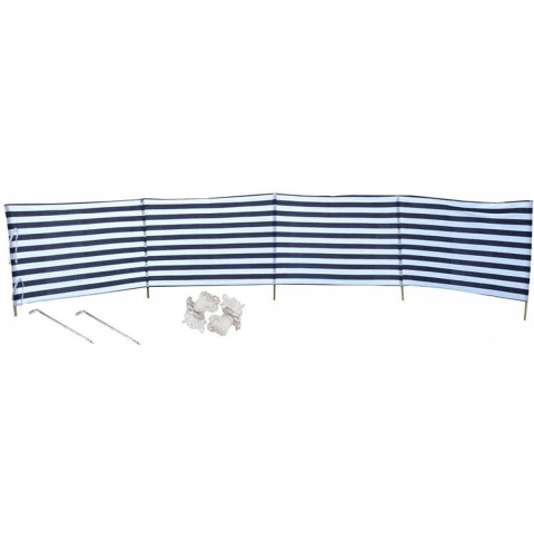 Strand/camping windscherm gestreept wit/blauw 2 meter x 120 cm incl. haringen en scheerlijnen -