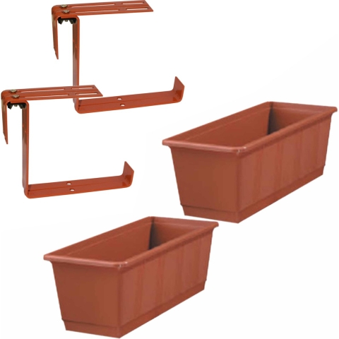 Set van 2 kunststof plantenbakken terracotta rechthoekig 40 cm met 4 verstelbare railingbeugels -