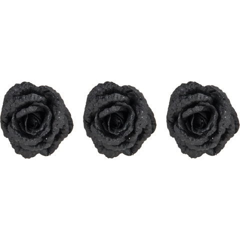 6x stuks decoratie bloemen roos zwart glitter op clip 15 cm -