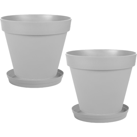 Set van 2x stuks bloempotten Toscane kunststof grijs D30 x H26 cm inclusief onderschalen D23 cm -