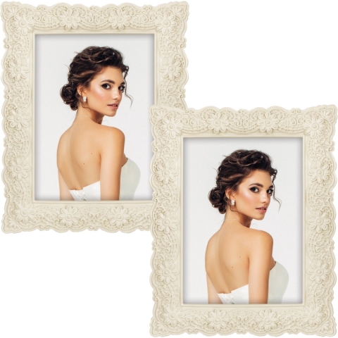 2x stuks kunststof fotolijst creme barok met bloemen geschikt voor een foto van 15 x 20 cm -