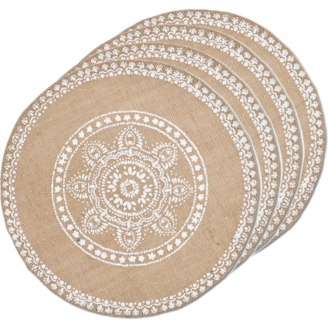 Placemats met mandala print - 10x - jute look stof - rond - D38 cm -