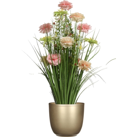 Kunstbloemen boeket roze - in pot goud - keramiek - H70 cm -