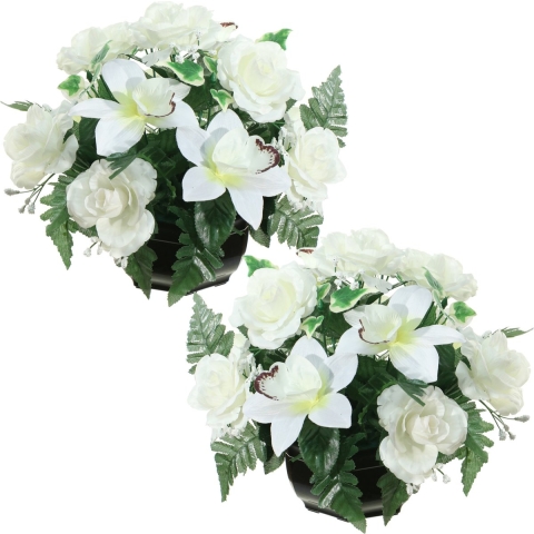 Kunstbloemen plantje orchidee/rozen in pot - 2x - kleuren creme/wit - 25 cm - Bloemstuk - Bladgroen -