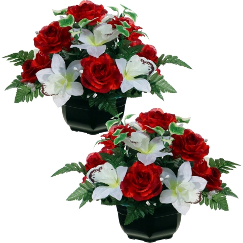 Kunstbloemen plantje orchidee/rozen in pot - 2x - kleuren rood/wit - 25 cm - Bloemstuk - met bladgro -