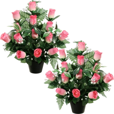 Kunstbloemen plantje rozen/gipskruid in pot - 2x - lichtroze - H35 cm - Bloemstuk - Bladgroen -