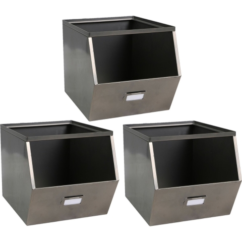 Stapelbare opbergmand Open Metal Box - 3x - L23 x B32 x H21 cm - metaal - donkergrijs -