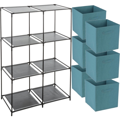 Opbergrek 3-laags - metaal - kunststof - zwart - 68 x 98 cm - incl. 6 opbergmanden petrol blauw -