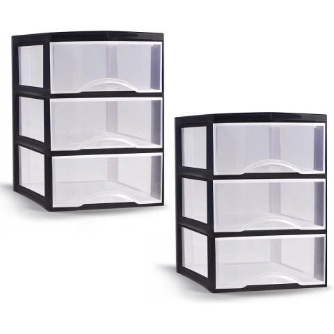 Ladeblokje/bureau organizer - 2x stuks - 3 lades - transparant/zwart - L26 x B36 x H37 cm - plastic -