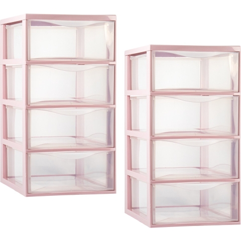 Ladeblokje/bureau organizer - 2x - 4 lades - transparant/roze - L26 x B37 x H49 cm - plastic -