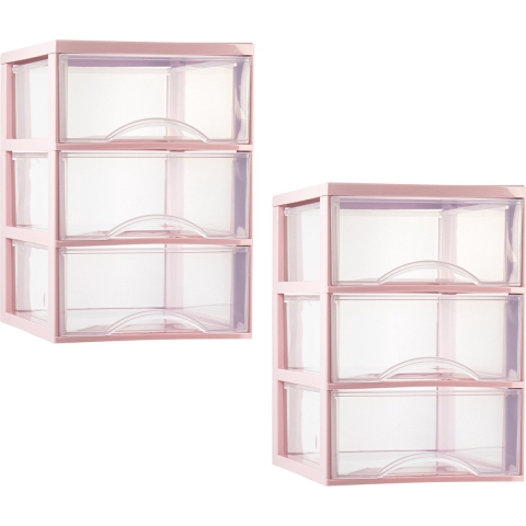 Ladeblokje/bureau organizer - 2x stuks - 3 lades - transparant/roze - L26 x B36 x H37 cm - plastic -