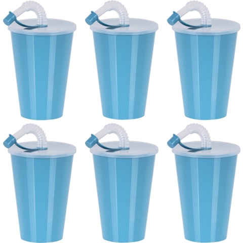Drinkbeker met deksel en rietje - 12x - licht blauw - kunststof - 450 ml - 12 x 9 cm -