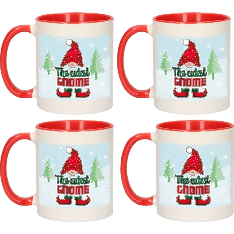 Kerst cadeau koffiemok - 4x - gnoom - kerstkabouter - rood - 300 ml - keramiek -