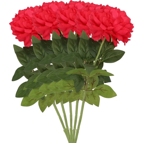 Kunstbloem pioenroos - 5x - rood - zijde - 71 cm - kunststof steel - decoratie bloemen -