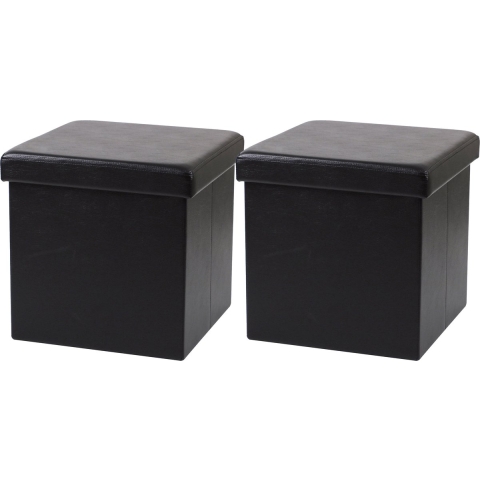 Poef Leather BOX - 2x - hocker - opbergbox - zwart - PU/mdf - 38 x 38 cm - opvouwbaar -
