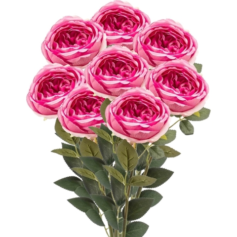 Kunstbloemen boeket roos Joelle - 8x - fuchsia - 65 cm - decoratie bloemen -