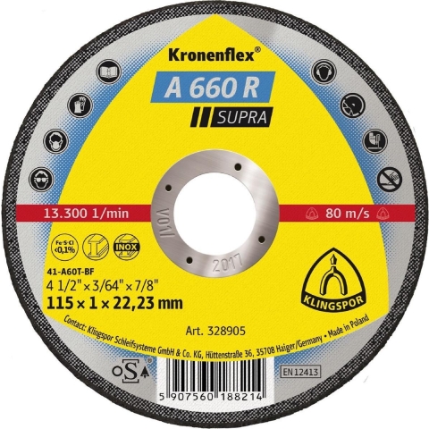 Klingspor Doorslijpschijf | D115x1mm recht | RVS | gat 22,23 mm | 25 stuks - 328905 328905