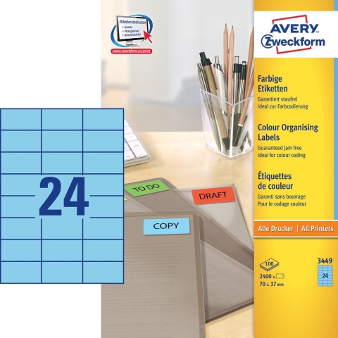 Avery-Zweckform 3449 Universele etiketten 70 x 37 mm Papier Blauw 2400 stuk(s) Permanent hechtend Inkjet, Laser (zwart/wit), Laser (kleur), Kopiëren (zwart/wit)
