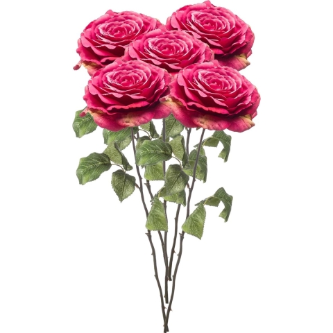 Kunstbloem Roos Laurie tak - 5x - 57 cm - fuchsia - Kunst zijdebloemen -