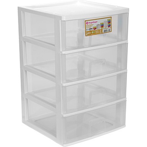 Ladeblokje/bureau organizer 4x grote lades - wit/transparant - L38 x B38 x H58 cm - kunststof -