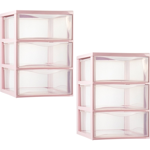 Ladeblokje/bureau organizer - 2x - 3 lades - transparant/roze - L26 x B37 x H37 cm - plastic -