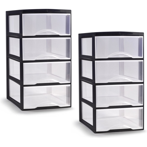 Ladeblokje/bureau organizer - 2x - 4 lades - transparant/zwart - L26 x B36 x H49 cm - -