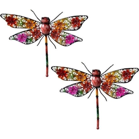 3x stuks grote metalen libelle gekleurd 27 x 33 cm tuin decoratie -
