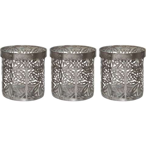3x stuks theelichthouders/waxinelichthouders ijzer grijs met bloemenpatroon 10 x 10 cm -