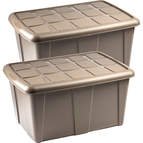 Opslagbox kist van 60 liter met deksel - 2x - Beige - kunststof - 63 x 46 x 32 cm -