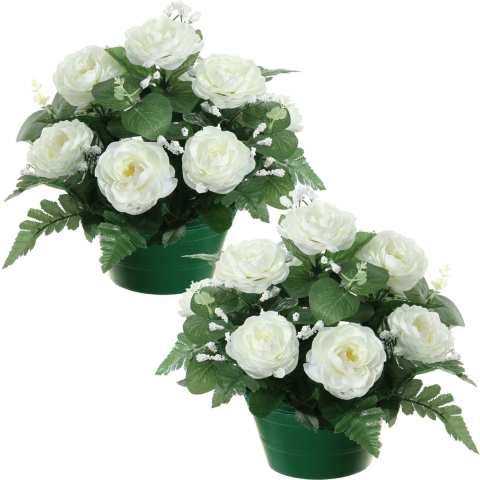Kunstbloemen plantje rozen in pot - 2x - wit - 25 cm - Bloemstuk ornament - met bladgroen -
