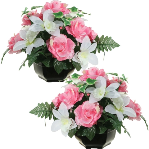 Kunstbloemen plantje orchidee/rozen in pot - 2x - kleuren roze/wit - 25 cm - Bloemstuk - bladgroen -