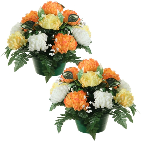 Kunstbloemen plantje crysanten in pot - 2x - oranje/geel - D30 x H24 cm - Bloemstuk - Bladgroen -