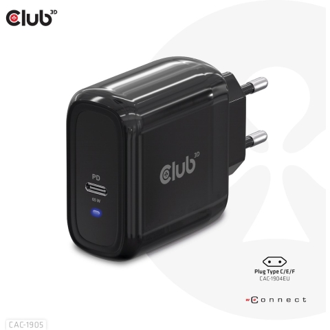 club3D CAC-1905 Laptop netvoeding 65 W Binnen Aantal uitgangen: 1 x USB-C bus GaN