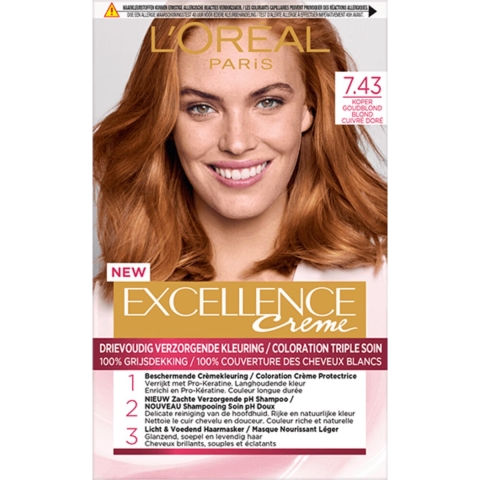 2x L'Oréal Excellence Crème Permanente Crèmekleuring 7.43 Koper Goudblond