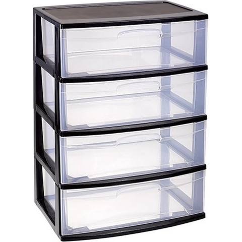 Ladekast/organizer met 4 lades zwart/transparant 40 x 56 x 80 cm -