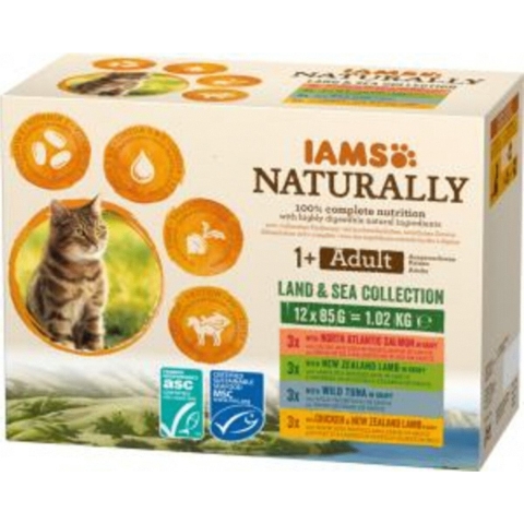 Iams Naturally Adult Land & Sea Collection in gravy natvoer kat (12x85gr) 48 x 85 g