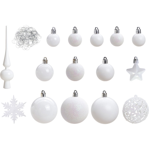 Pakket met 110x stuks kunststof kerstballen/ornamenten met piek wit -