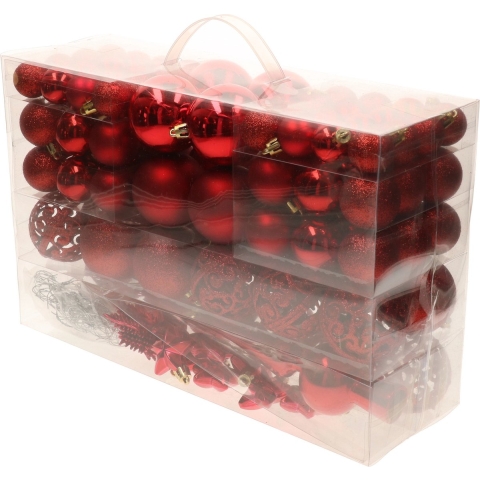 Pakket met 110x stuks kunststof kerstballen/ornamenten met piek rood -