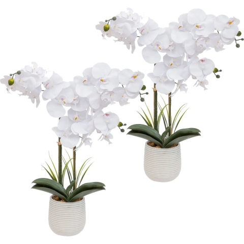 Orchidee bloemen kunstplant in sierlijke witte bloempot - 2x - witte bloemen - H60 cm -