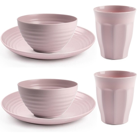 Camping Servies set - kunststof - roze - 10x borden/10x drinkbekers/10x kommetjes -