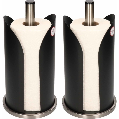 2x Luxe zwart/zilveren metalen keukenrolhouders rond half dicht 15 x 31 cm -