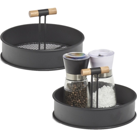 Set van 2x stuks zwarte dienbladen rond rasterbodem metaal/hout 20 x 11,5 cm -